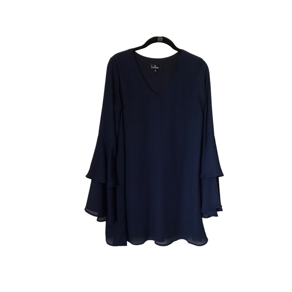 Lulus Dress‎ Size Small Navy Blue V-Neck Long Tiered Bell Sleeve Mini Shift